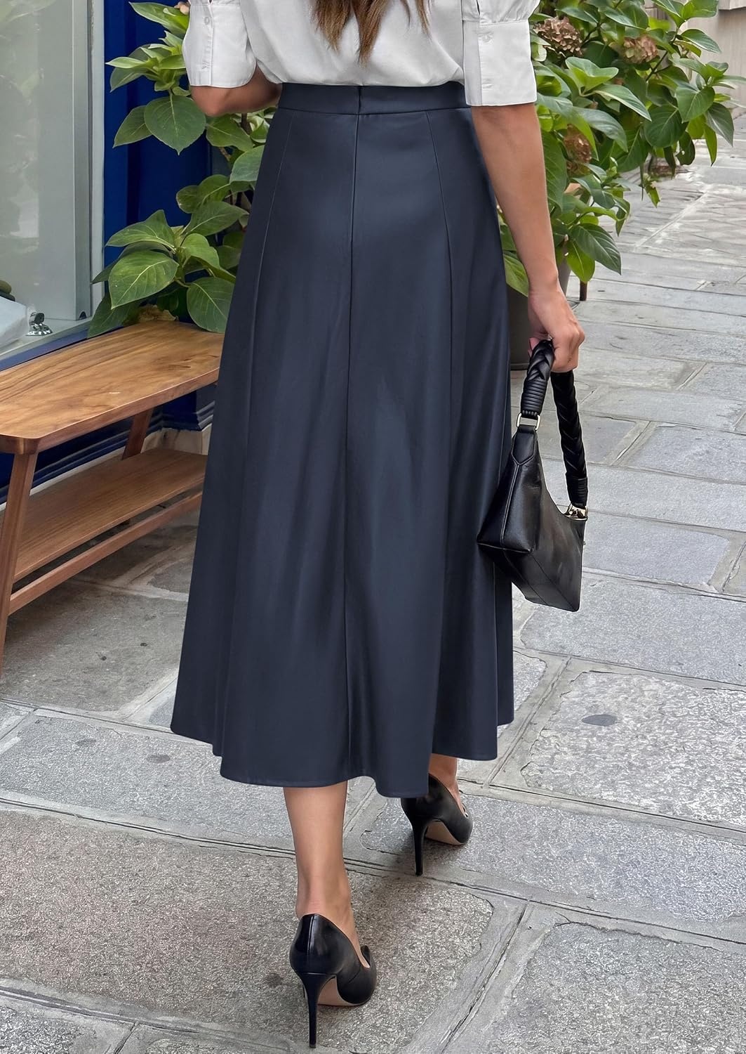 image:imagePRETTYGARDEN Womens Faux Leather High Waisted Midi Skirt Flowy A Line Pleated Skirts Elegant Swing Flared Work Business Casual Outfits Fall Winter Fashion ClothesNavy