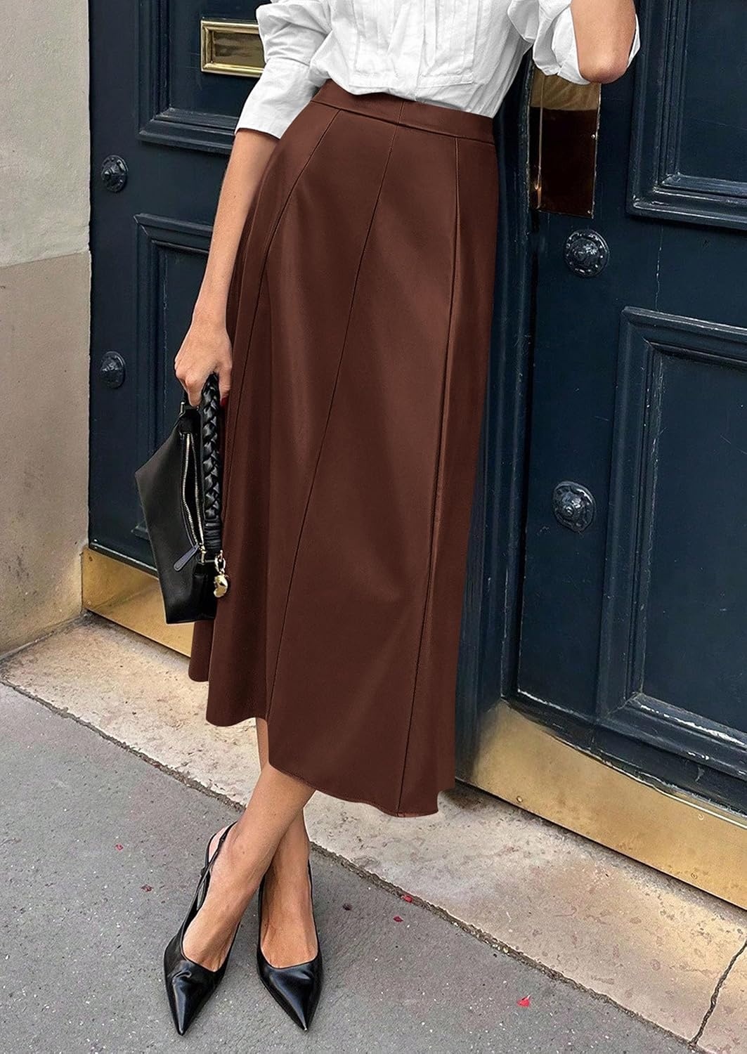 image:imagePRETTYGARDEN Womens Faux Leather High Waisted Midi Skirt Flowy A Line Pleated Skirts Elegant Swing Flared Work Business Casual Outfits Fall Winter Fashion ClothesCoffee