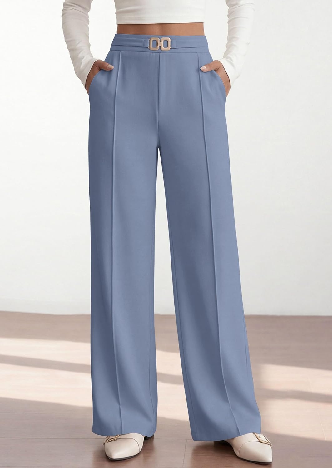 image:imagePRETTYGARDEN Womens High Waisted Dressy Casual Pants Decoration BuckleFront Seam Trousers with PocketsBusiness Casual OutfitsWork Office SlacksDaily Palazzo Pants All SeasonGrey Blue