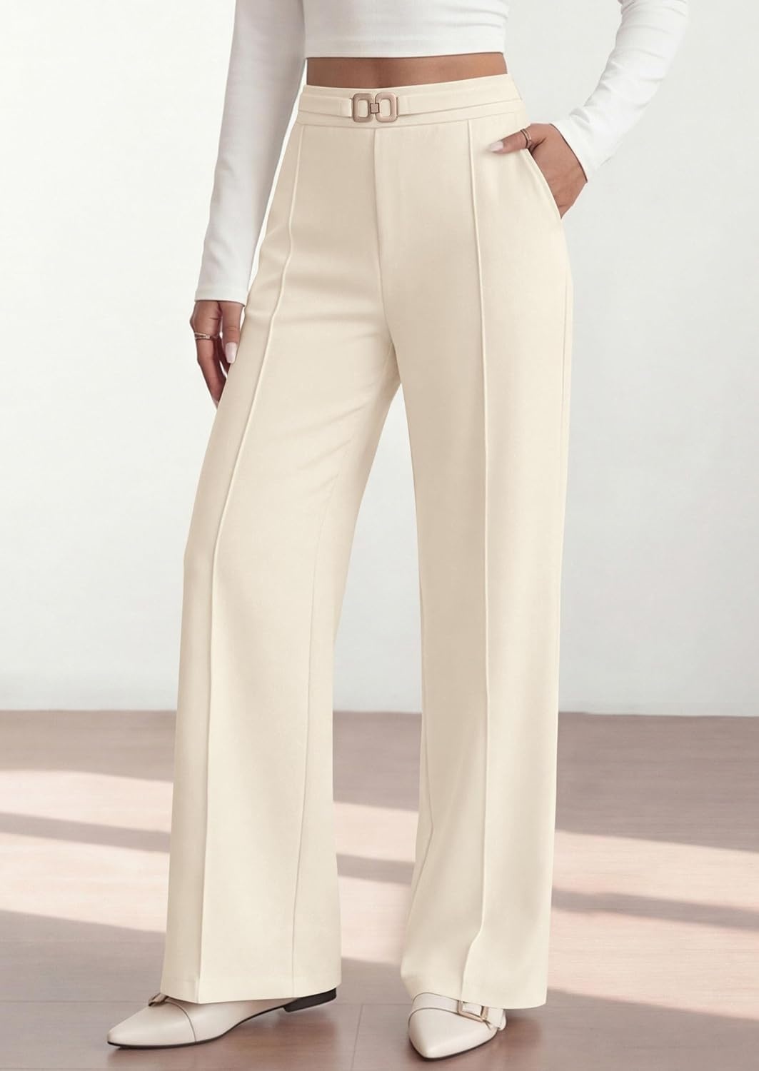 image:imagePRETTYGARDEN Womens High Waisted Dressy Casual Pants Decoration BuckleFront Seam Trousers with PocketsBusiness Casual OutfitsWork Office SlacksDaily Palazzo Pants All SeasonBeige