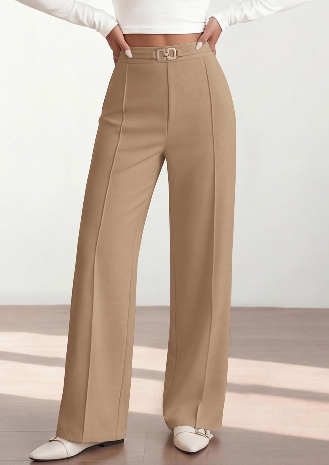 image:imagePRETTYGARDEN Womens High Waisted Dressy Casual Pants Decoration BuckleFront Seam Trousers with PocketsBusiness Casual OutfitsWork Office SlacksDaily Palazzo Pants All SeasonKhaki