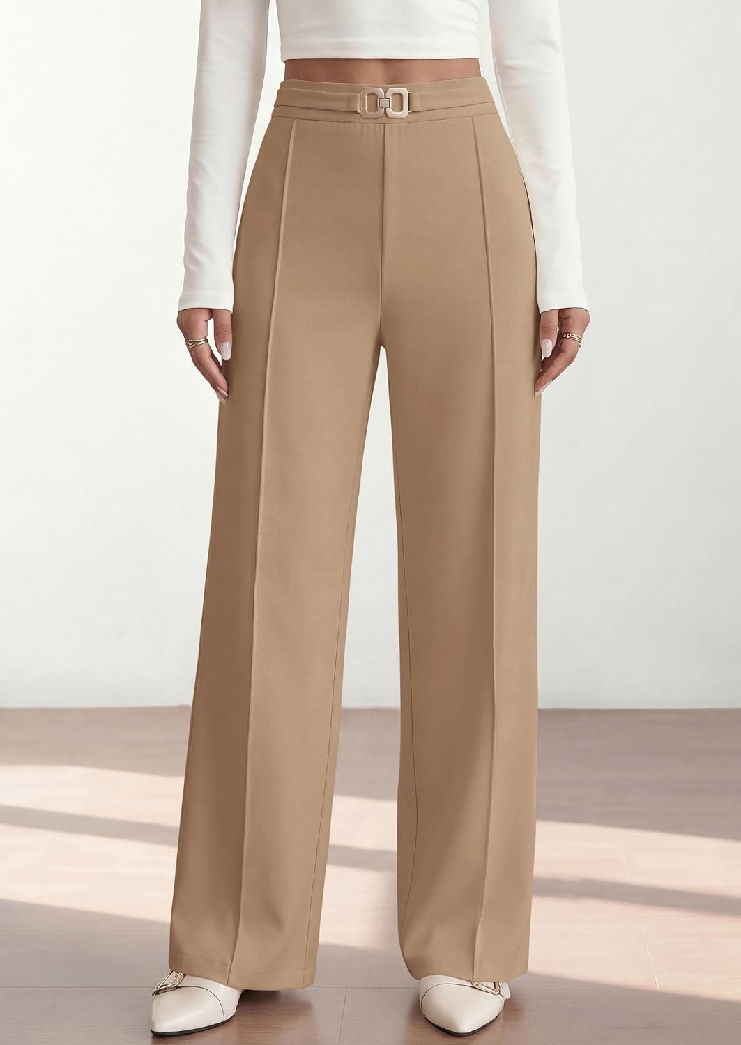 image:imagePRETTYGARDEN Womens High Waisted Dressy Casual Pants Decoration BuckleFront Seam Trousers with PocketsBusiness Casual OutfitsWork Office SlacksDaily Palazzo Pants All SeasonKhaki