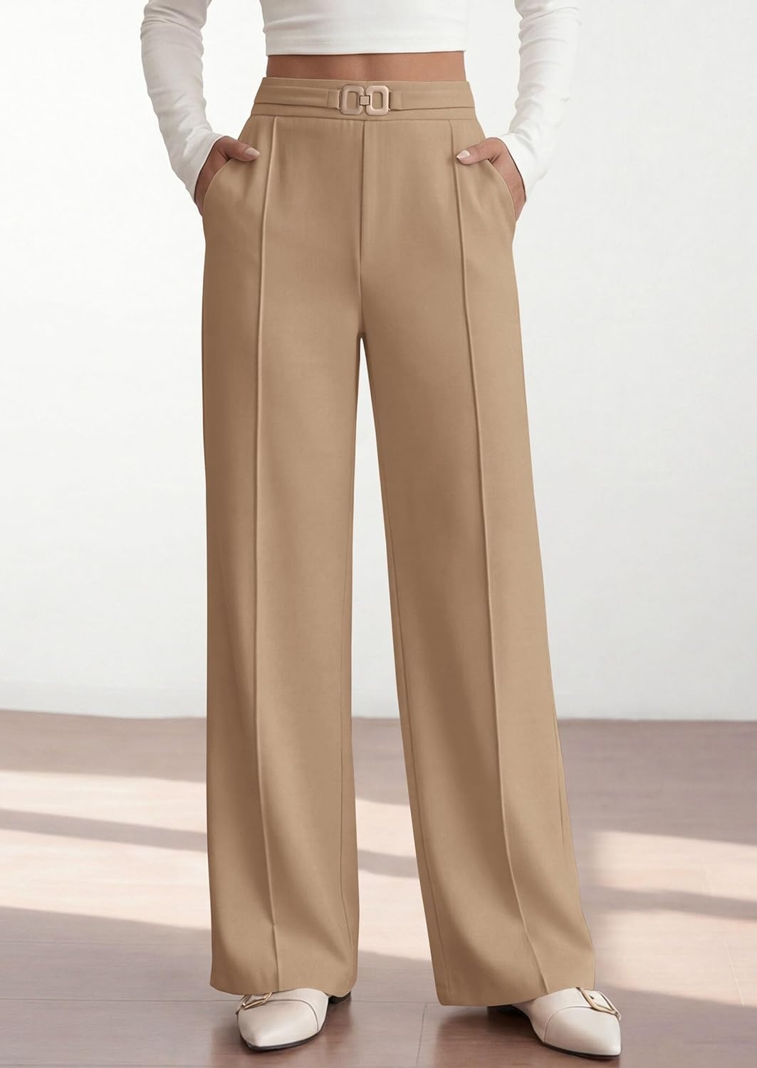 image:imagePRETTYGARDEN Womens High Waisted Dressy Casual Pants Decoration BuckleFront Seam Trousers with PocketsBusiness Casual OutfitsWork Office SlacksDaily Palazzo Pants All SeasonKhaki