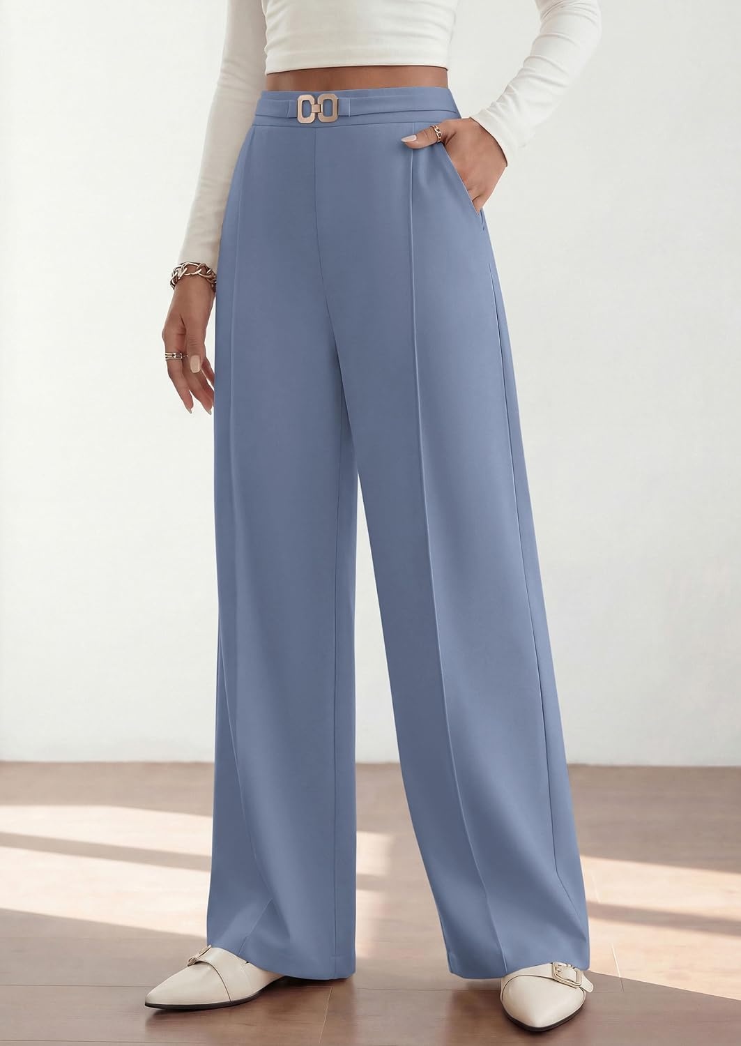 image:imagePRETTYGARDEN Womens High Waisted Dressy Casual Pants Decoration BuckleFront Seam Trousers with PocketsBusiness Casual OutfitsWork Office SlacksDaily Palazzo Pants All SeasonGrey Blue