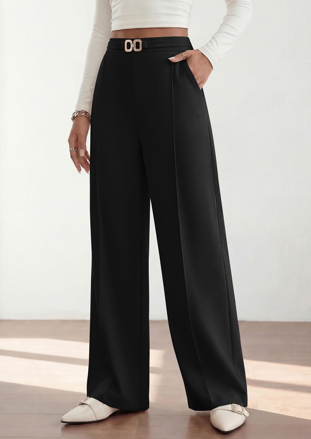 image:imagePRETTYGARDEN Womens High Waisted Dressy Casual Pants Decoration BuckleFront Seam Trousers with PocketsBusiness Casual OutfitsWork Office SlacksDaily Palazzo Pants All SeasonBlack