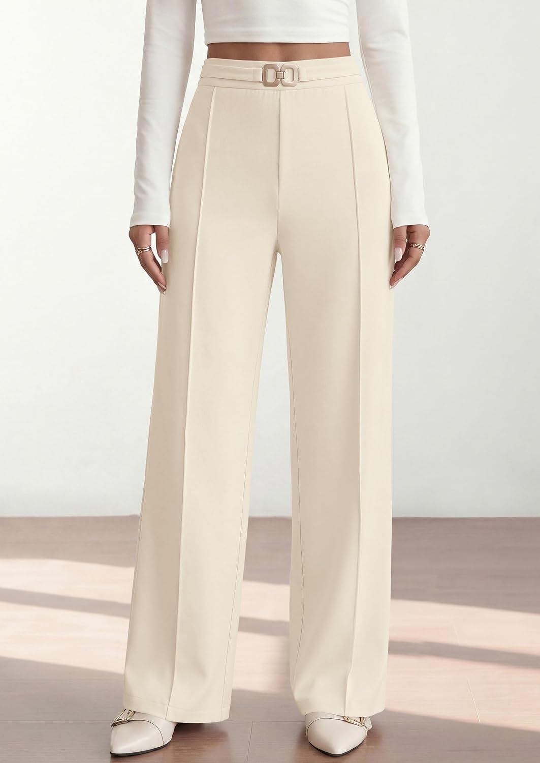 image:imagePRETTYGARDEN Womens High Waisted Dressy Casual Pants Decoration BuckleFront Seam Trousers with PocketsBusiness Casual OutfitsWork Office SlacksDaily Palazzo Pants All SeasonBeige