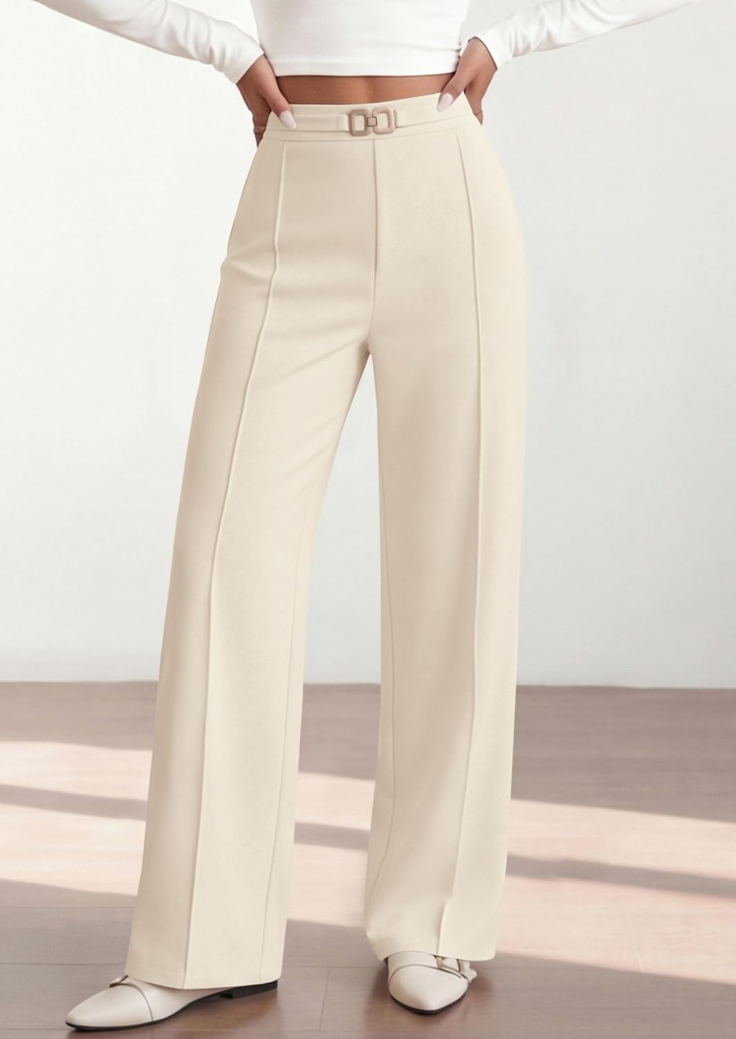 image:imagePRETTYGARDEN Womens High Waisted Dressy Casual Pants Decoration BuckleFront Seam Trousers with PocketsBusiness Casual OutfitsWork Office SlacksDaily Palazzo Pants All SeasonBeige