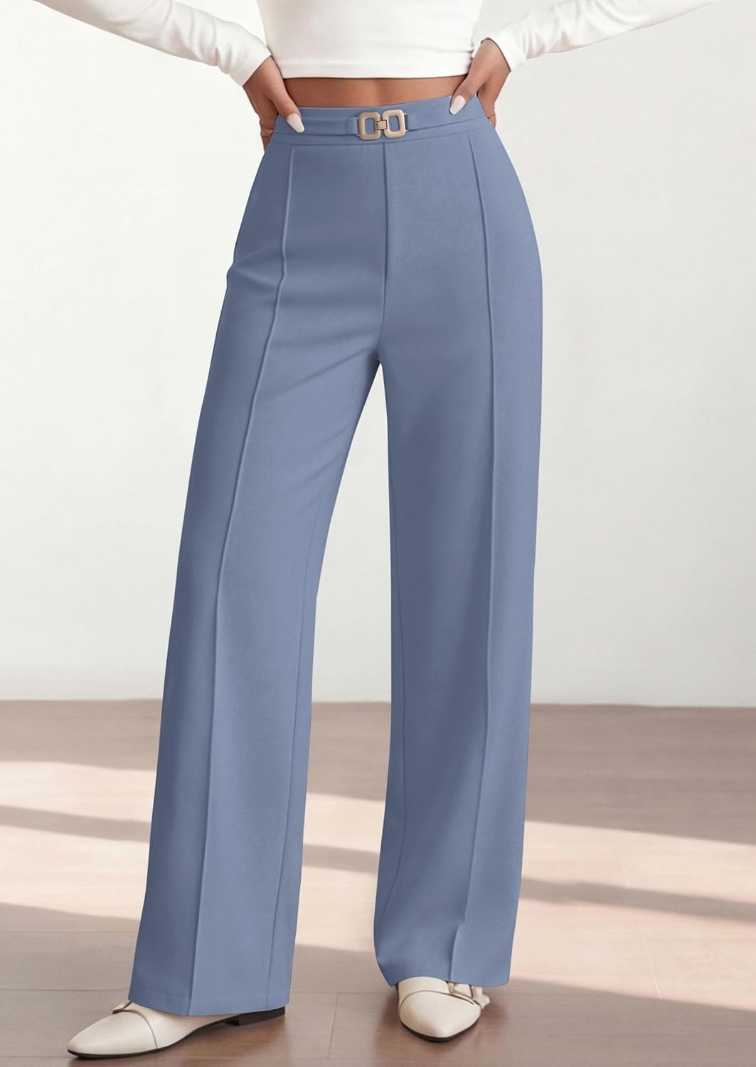 image:imagePRETTYGARDEN Womens High Waisted Dressy Casual Pants Decoration BuckleFront Seam Trousers with PocketsBusiness Casual OutfitsWork Office SlacksDaily Palazzo Pants All SeasonGrey Blue