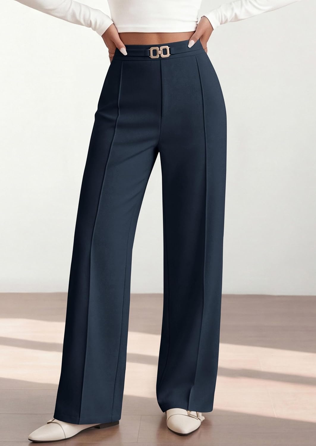 image:imagePRETTYGARDEN Womens High Waisted Dressy Casual Pants Decoration BuckleFront Seam Trousers with PocketsBusiness Casual OutfitsWork Office SlacksDaily Palazzo Pants All SeasonNavy Blue