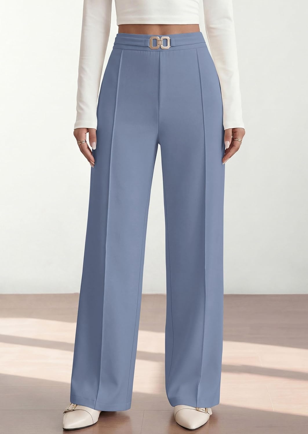 image:imagePRETTYGARDEN Womens High Waisted Dressy Casual Pants Decoration BuckleFront Seam Trousers with PocketsBusiness Casual OutfitsWork Office SlacksDaily Palazzo Pants All SeasonGrey Blue