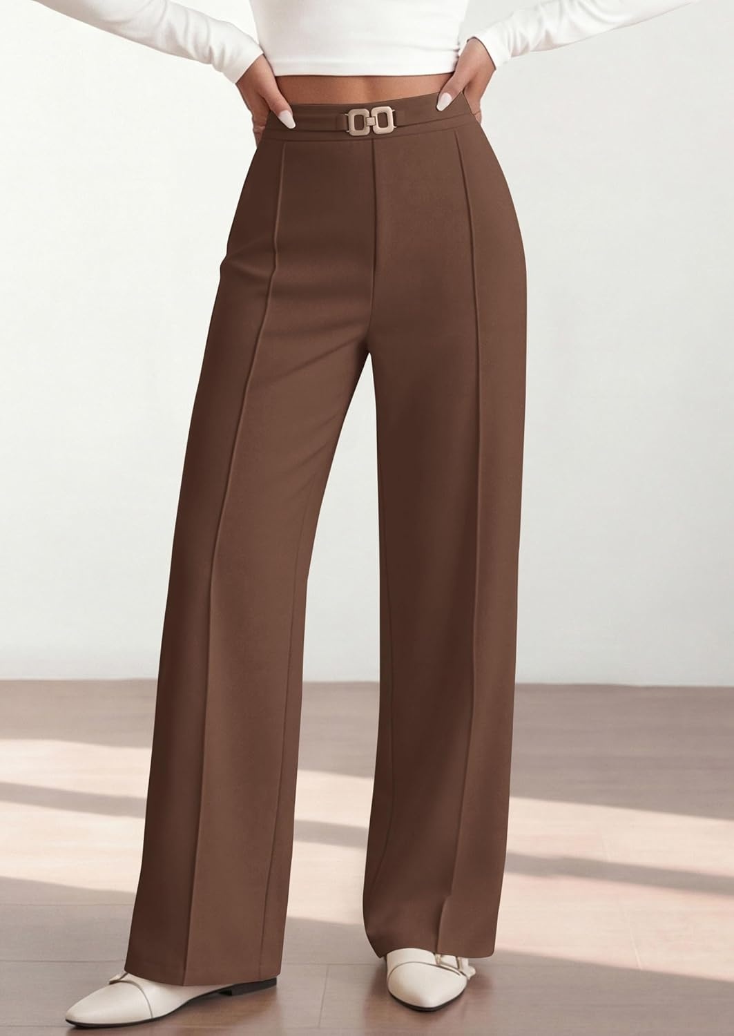 image:imagePRETTYGARDEN Womens High Waisted Dressy Casual Pants Decoration BuckleFront Seam Trousers with PocketsBusiness Casual OutfitsWork Office SlacksDaily Palazzo Pants All SeasonBrown