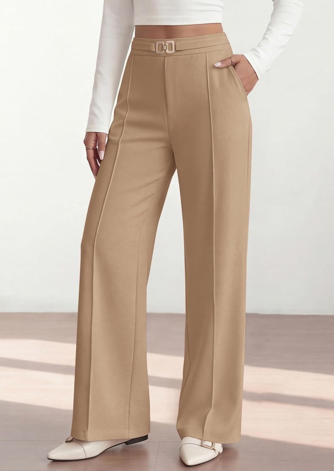 image:imagePRETTYGARDEN Womens High Waisted Dressy Casual Pants Decoration BuckleFront Seam Trousers with PocketsBusiness Casual OutfitsWork Office SlacksDaily Palazzo Pants All SeasonKhaki