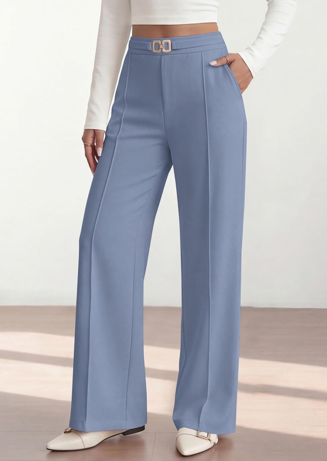 image:imagePRETTYGARDEN Womens High Waisted Dressy Casual Pants Decoration BuckleFront Seam Trousers with PocketsBusiness Casual OutfitsWork Office SlacksDaily Palazzo Pants All SeasonGrey Blue