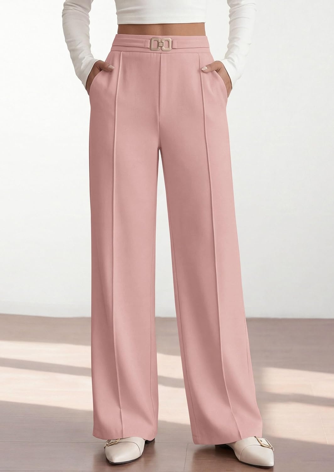 image:imagePRETTYGARDEN Womens High Waisted Dressy Casual Pants Decoration BuckleFront Seam Trousers with PocketsBusiness Casual OutfitsWork Office SlacksDaily Palazzo Pants All SeasonPink