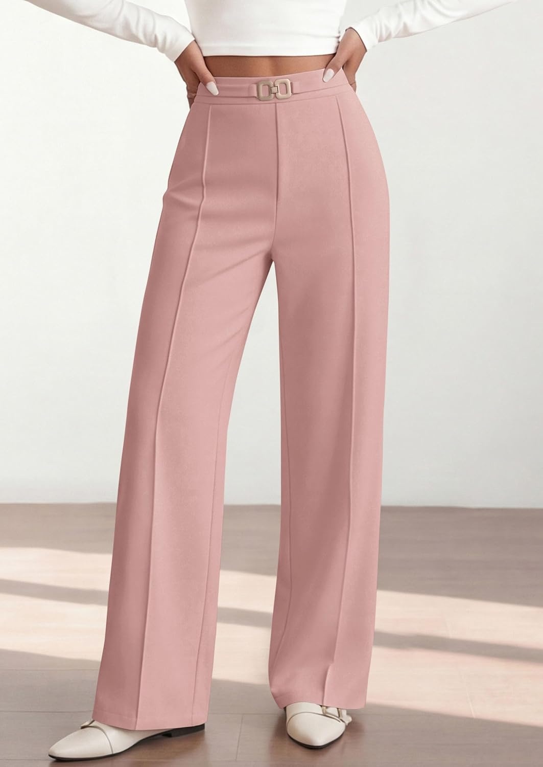 image:imagePRETTYGARDEN Womens High Waisted Dressy Casual Pants Decoration BuckleFront Seam Trousers with PocketsBusiness Casual OutfitsWork Office SlacksDaily Palazzo Pants All SeasonPink