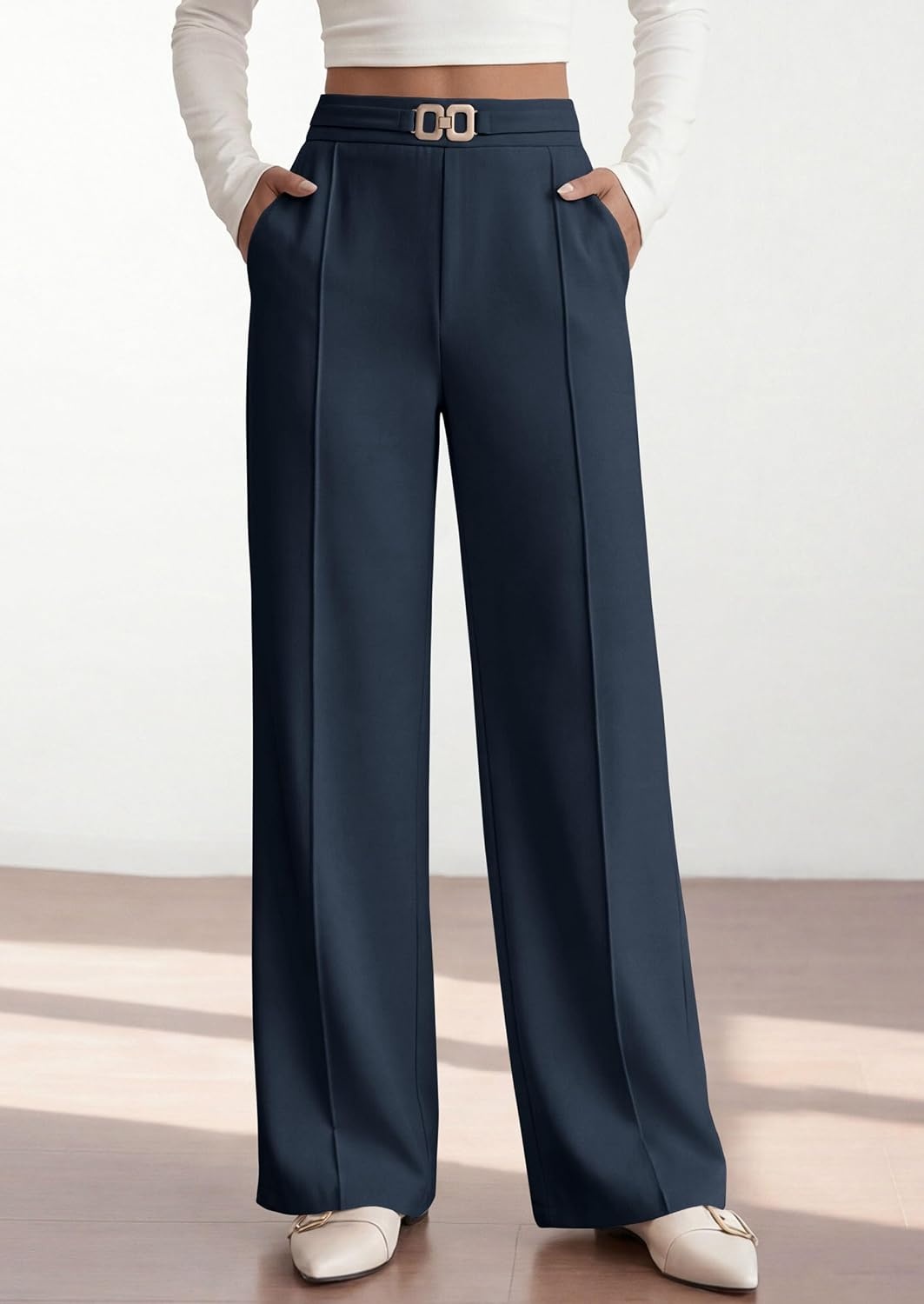 image:imagePRETTYGARDEN Womens High Waisted Dressy Casual Pants Decoration BuckleFront Seam Trousers with PocketsBusiness Casual OutfitsWork Office SlacksDaily Palazzo Pants All SeasonNavy Blue
