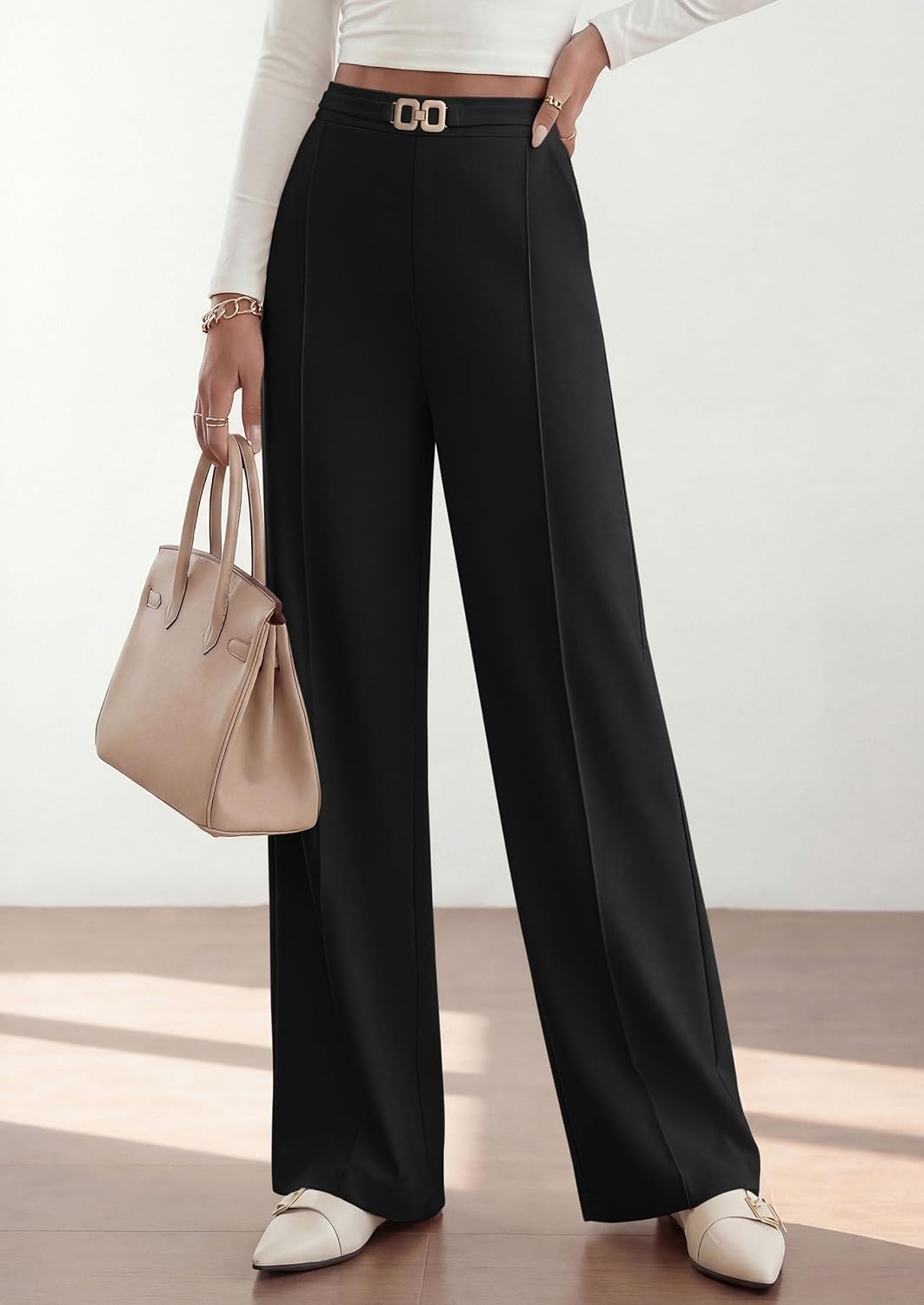 image:imagePRETTYGARDEN Womens High Waisted Dressy Casual Pants Decoration BuckleFront Seam Trousers with PocketsBusiness Casual OutfitsWork Office SlacksDaily Palazzo Pants All SeasonBlack