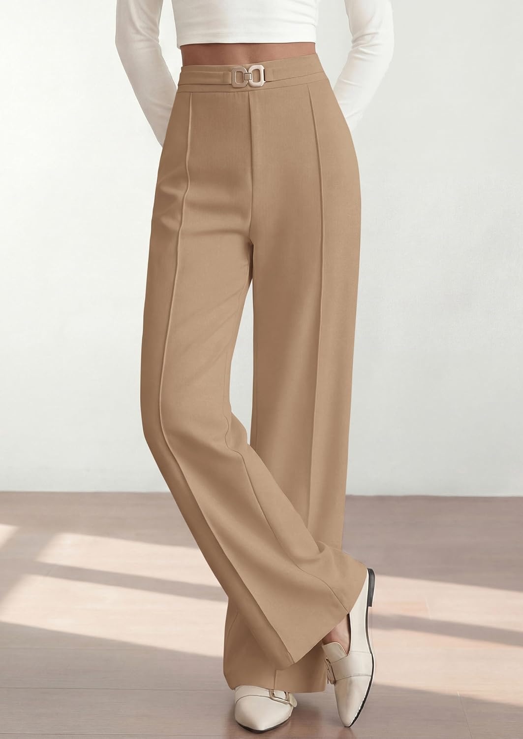 image:imagePRETTYGARDEN Womens High Waisted Dressy Casual Pants Decoration BuckleFront Seam Trousers with PocketsBusiness Casual OutfitsWork Office SlacksDaily Palazzo Pants All SeasonKhaki