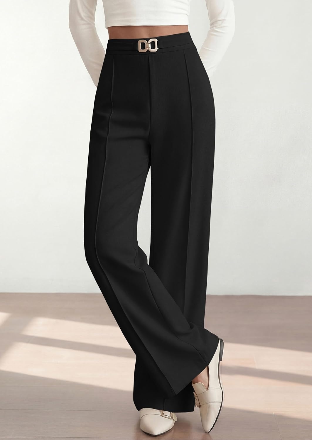 image:imagePRETTYGARDEN Womens High Waisted Dressy Casual Pants Decoration BuckleFront Seam Trousers with PocketsBusiness Casual OutfitsWork Office SlacksDaily Palazzo Pants All SeasonBlack