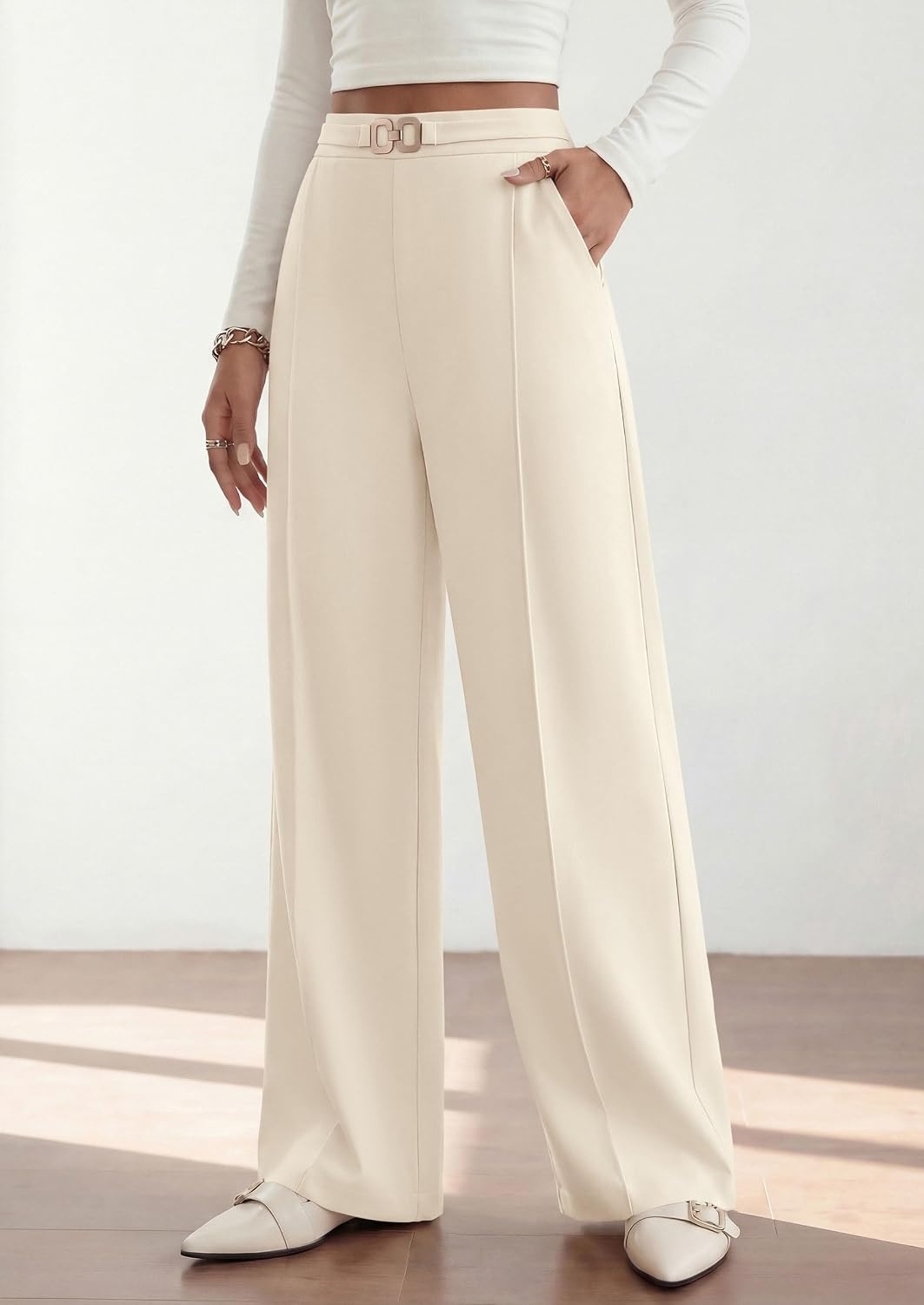 image:imagePRETTYGARDEN Womens High Waisted Dressy Casual Pants Decoration BuckleFront Seam Trousers with PocketsBusiness Casual OutfitsWork Office SlacksDaily Palazzo Pants All SeasonBeige