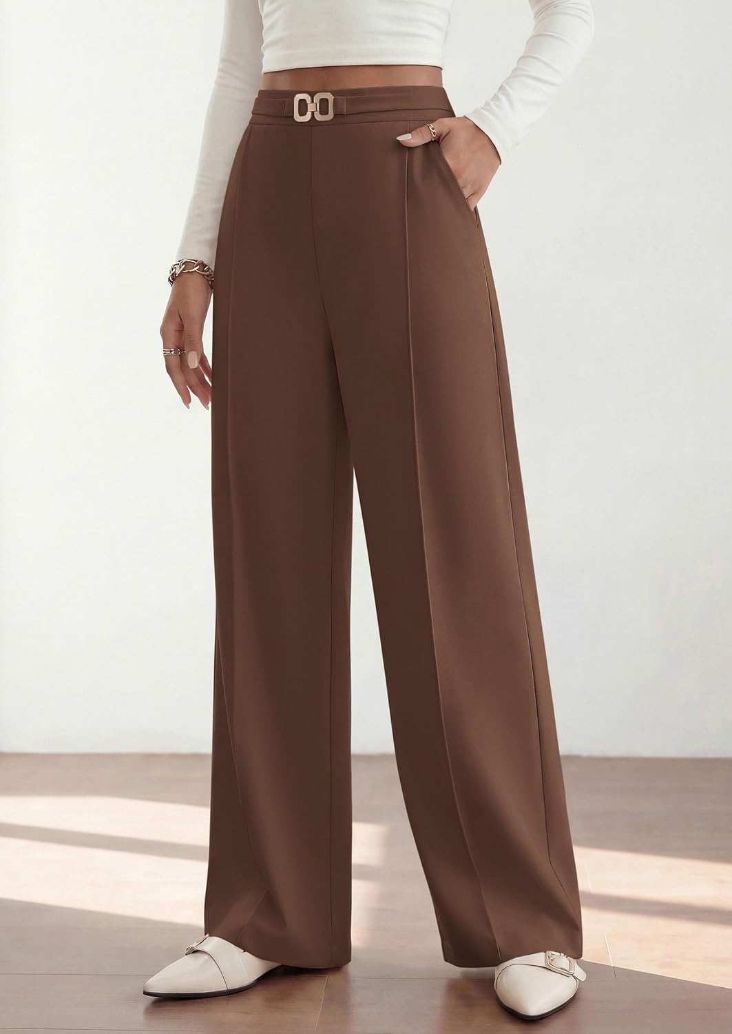 image:imagePRETTYGARDEN Womens High Waisted Dressy Casual Pants Decoration BuckleFront Seam Trousers with PocketsBusiness Casual OutfitsWork Office SlacksDaily Palazzo Pants All SeasonBrown