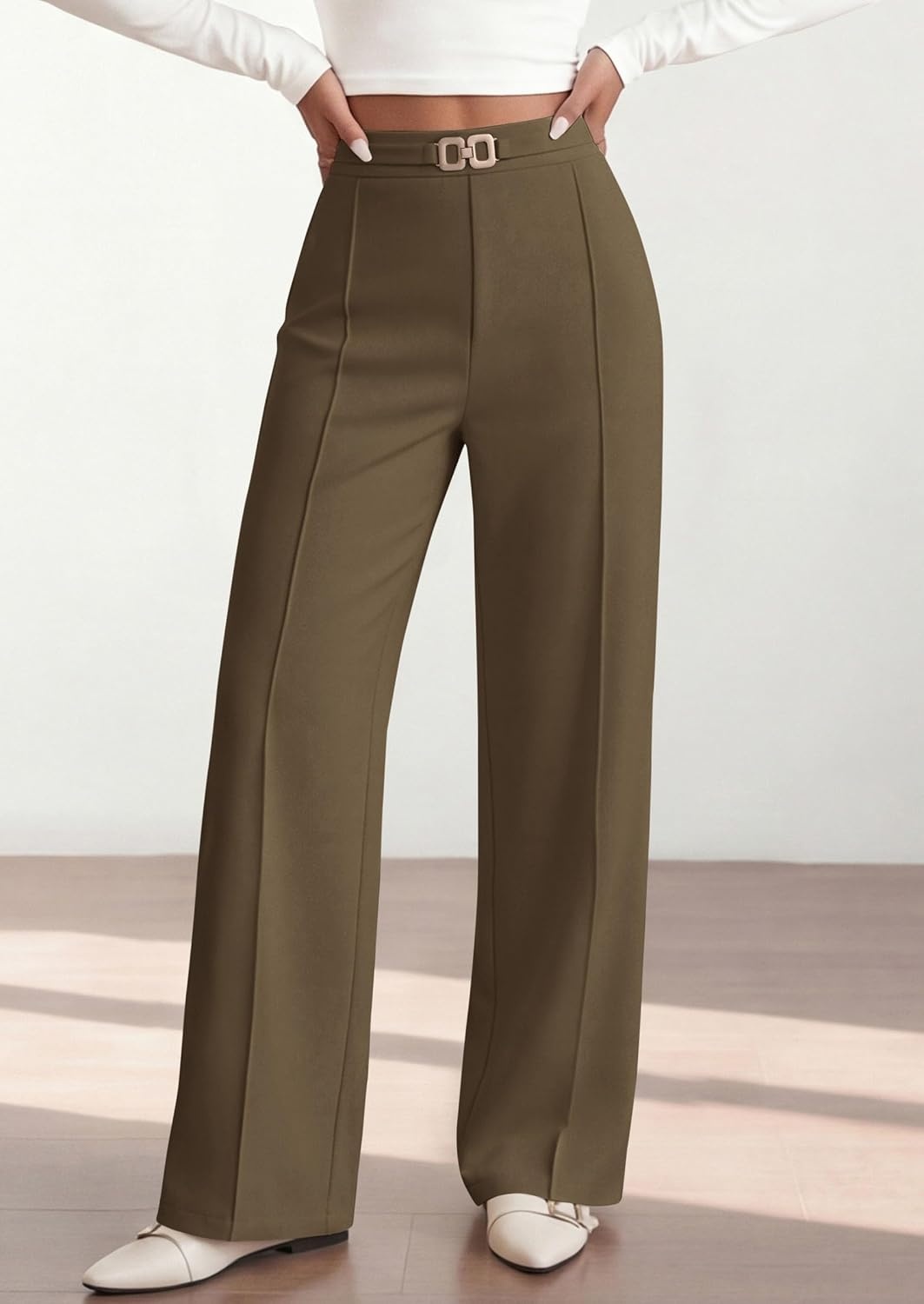 image:imagePRETTYGARDEN Womens High Waisted Dressy Casual Pants Decoration BuckleFront Seam Trousers with PocketsBusiness Casual OutfitsWork Office SlacksDaily Palazzo Pants All SeasonArmy Green