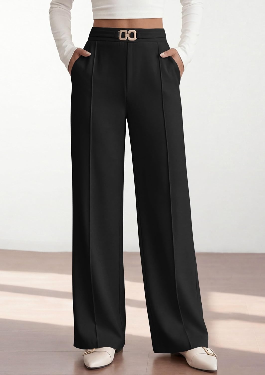 image:imagePRETTYGARDEN Womens High Waisted Dressy Casual Pants Decoration BuckleFront Seam Trousers with PocketsBusiness Casual OutfitsWork Office SlacksDaily Palazzo Pants All SeasonBlack