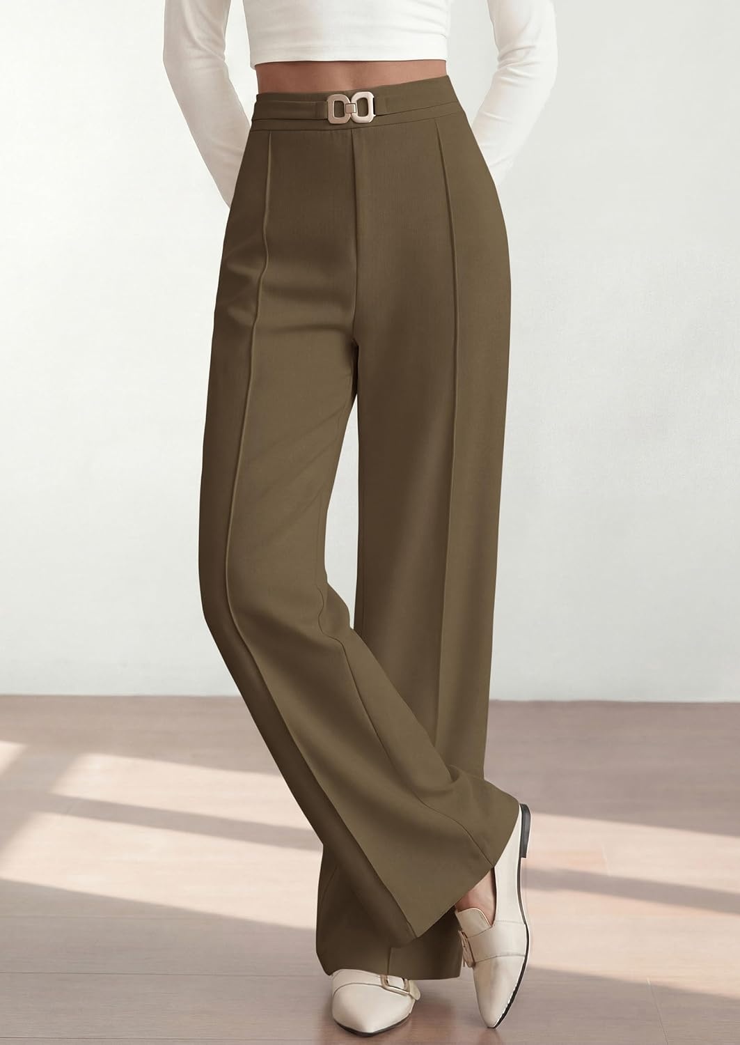 image:imagePRETTYGARDEN Womens High Waisted Dressy Casual Pants Decoration BuckleFront Seam Trousers with PocketsBusiness Casual OutfitsWork Office SlacksDaily Palazzo Pants All SeasonArmy Green