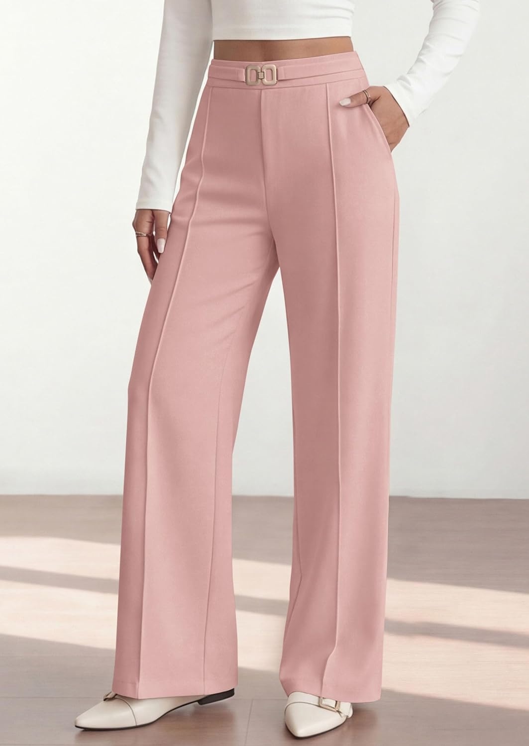 image:imagePRETTYGARDEN Womens High Waisted Dressy Casual Pants Decoration BuckleFront Seam Trousers with PocketsBusiness Casual OutfitsWork Office SlacksDaily Palazzo Pants All SeasonPink