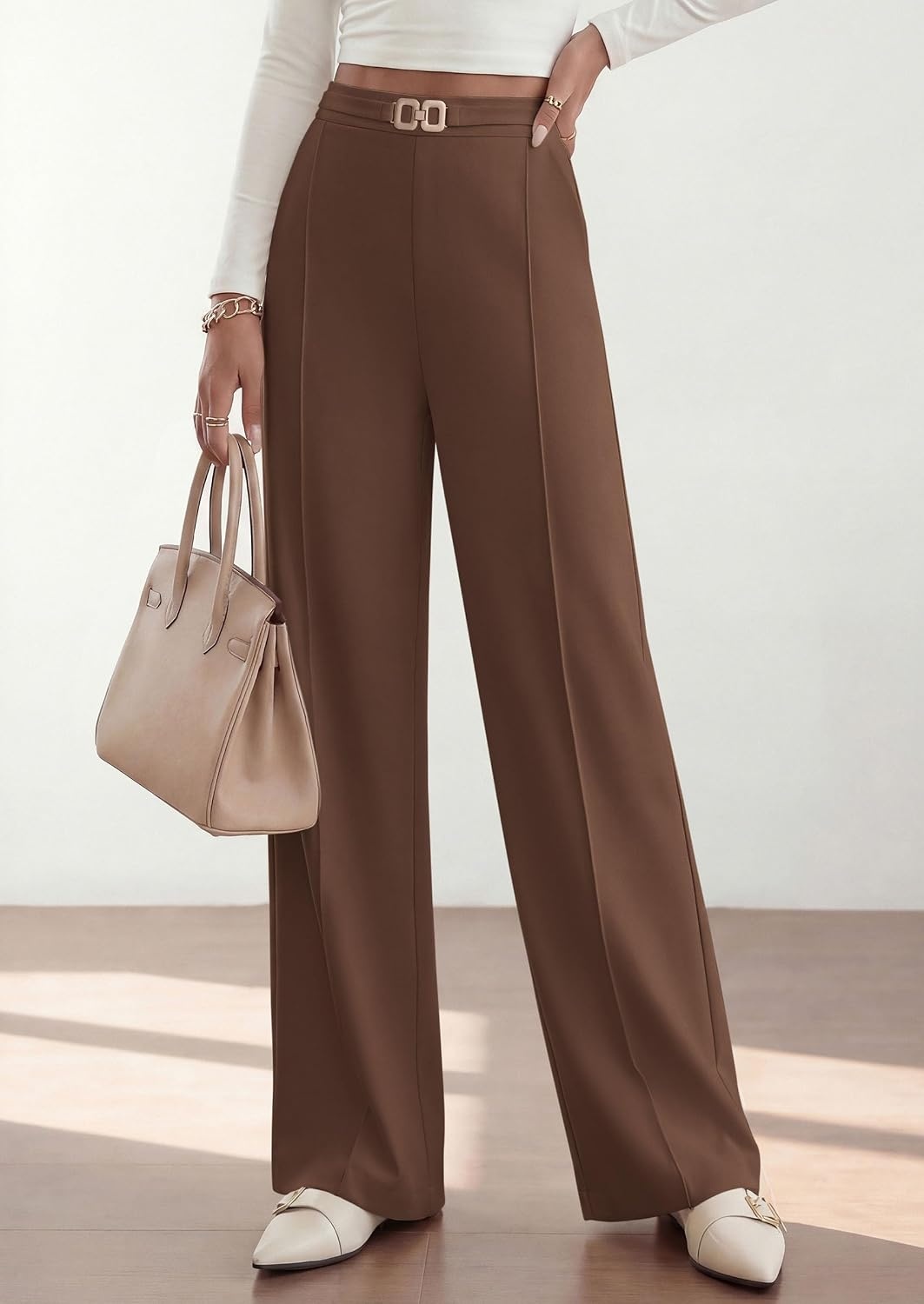 image:imagePRETTYGARDEN Womens High Waisted Dressy Casual Pants Decoration BuckleFront Seam Trousers with PocketsBusiness Casual OutfitsWork Office SlacksDaily Palazzo Pants All SeasonBrown