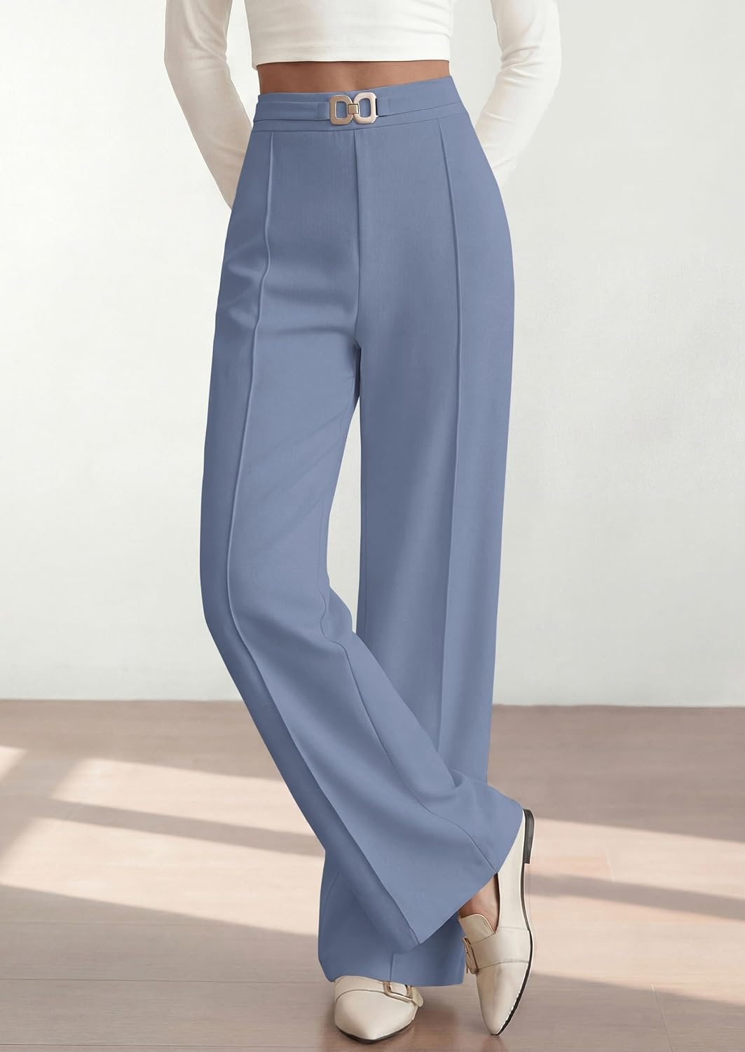 image:imagePRETTYGARDEN Womens High Waisted Dressy Casual Pants Decoration BuckleFront Seam Trousers with PocketsBusiness Casual OutfitsWork Office SlacksDaily Palazzo Pants All SeasonGrey Blue