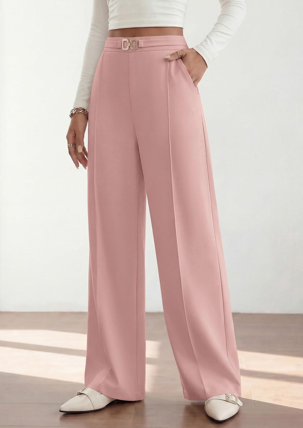 image:imagePRETTYGARDEN Womens High Waisted Dressy Casual Pants Decoration BuckleFront Seam Trousers with PocketsBusiness Casual OutfitsWork Office SlacksDaily Palazzo Pants All SeasonPink