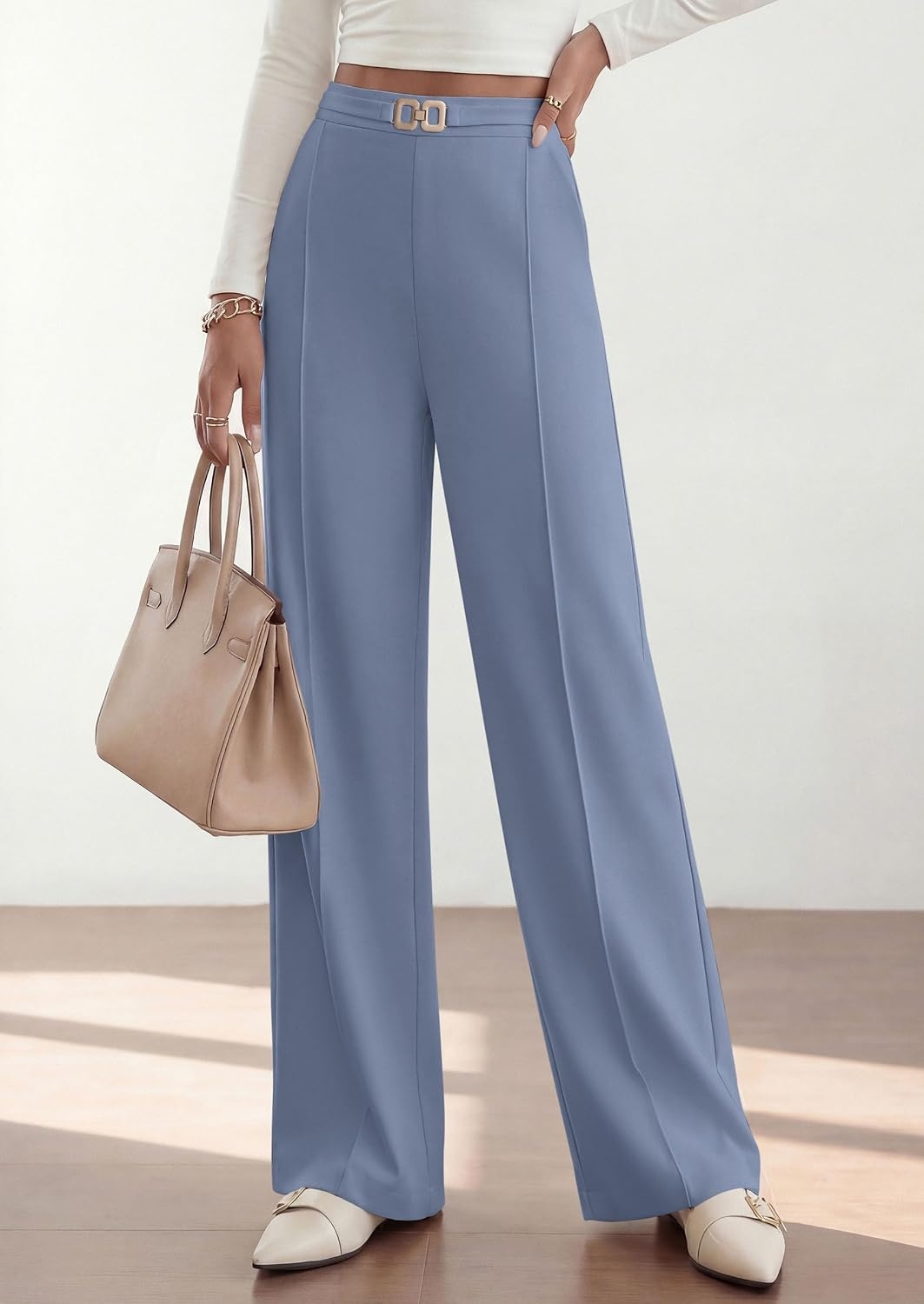 image:imagePRETTYGARDEN Womens High Waisted Dressy Casual Pants Decoration BuckleFront Seam Trousers with PocketsBusiness Casual OutfitsWork Office SlacksDaily Palazzo Pants All SeasonGrey Blue
