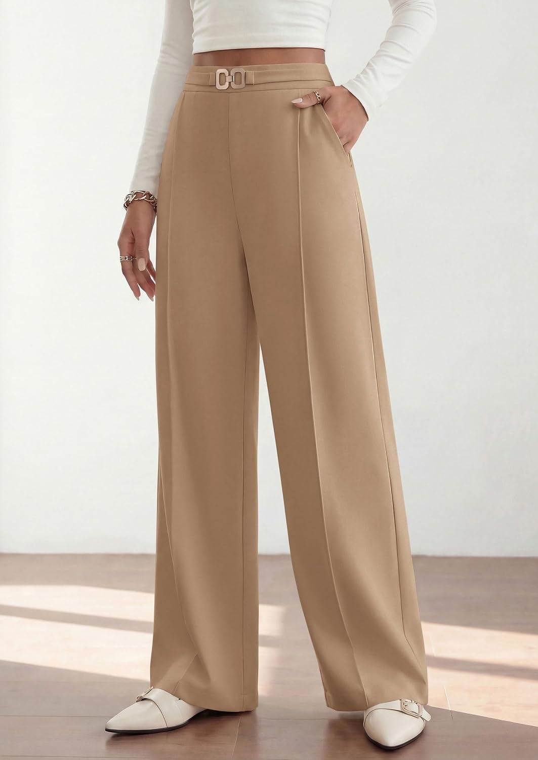 image:imagePRETTYGARDEN Womens High Waisted Dressy Casual Pants Decoration BuckleFront Seam Trousers with PocketsBusiness Casual OutfitsWork Office SlacksDaily Palazzo Pants All SeasonKhaki