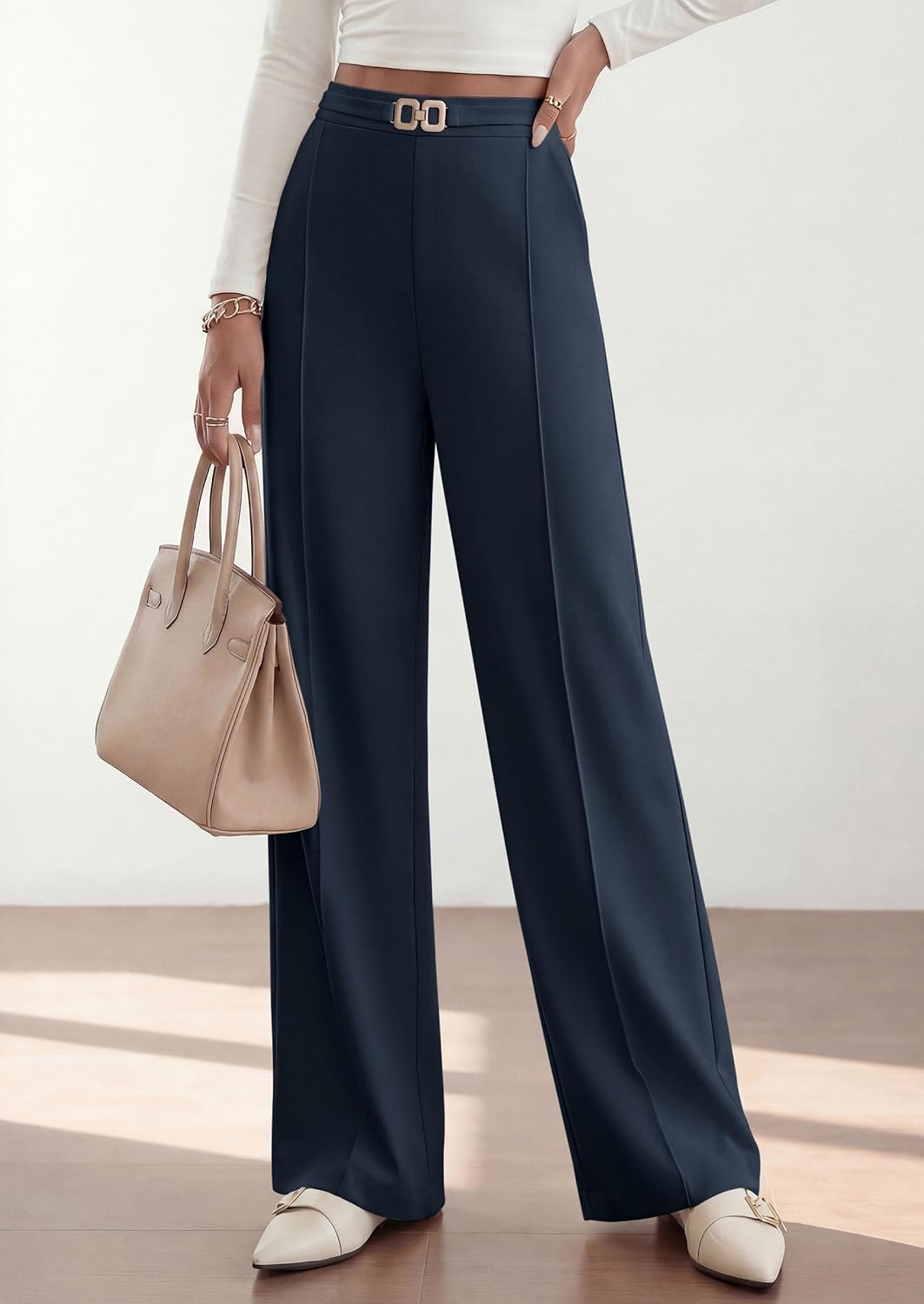 image:imagePRETTYGARDEN Womens High Waisted Dressy Casual Pants Decoration BuckleFront Seam Trousers with PocketsBusiness Casual OutfitsWork Office SlacksDaily Palazzo Pants All SeasonNavy Blue