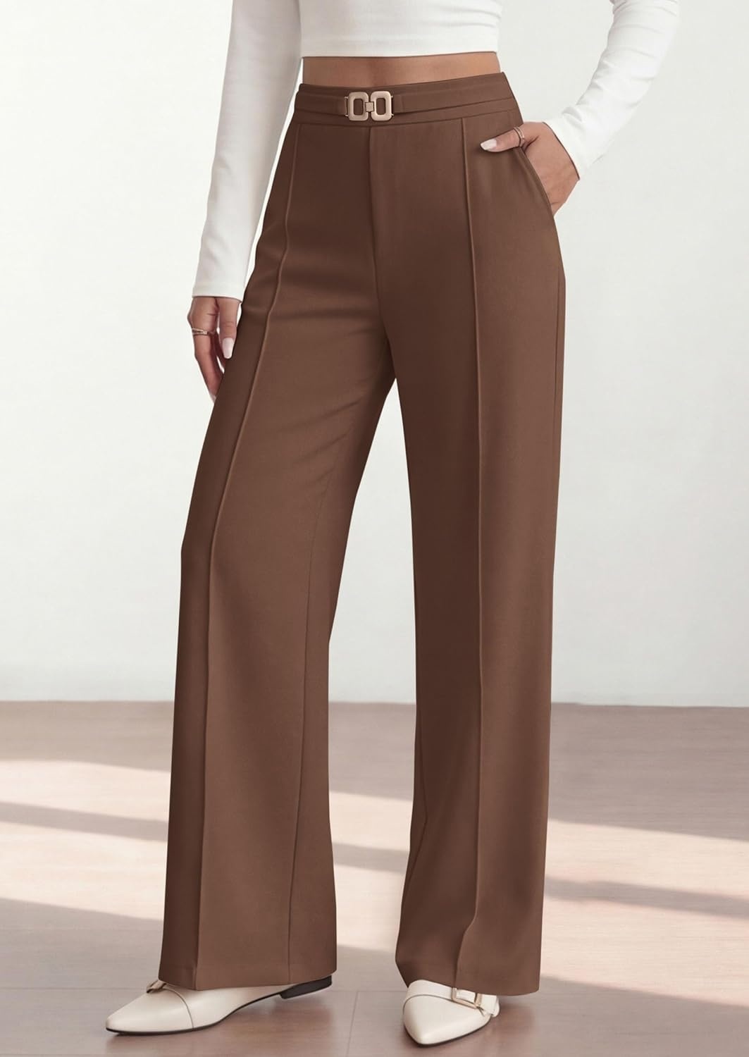 image:imagePRETTYGARDEN Womens High Waisted Dressy Casual Pants Decoration BuckleFront Seam Trousers with PocketsBusiness Casual OutfitsWork Office SlacksDaily Palazzo Pants All SeasonBrown