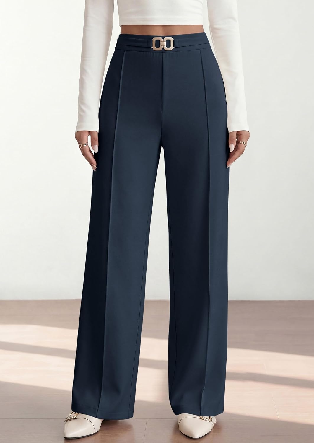 image:imagePRETTYGARDEN Womens High Waisted Dressy Casual Pants Decoration BuckleFront Seam Trousers with PocketsBusiness Casual OutfitsWork Office SlacksDaily Palazzo Pants All SeasonNavy Blue
