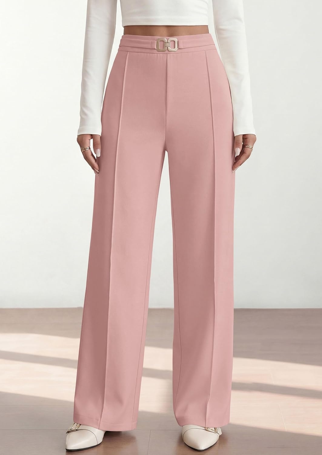 image:imagePRETTYGARDEN Womens High Waisted Dressy Casual Pants Decoration BuckleFront Seam Trousers with PocketsBusiness Casual OutfitsWork Office SlacksDaily Palazzo Pants All SeasonPink