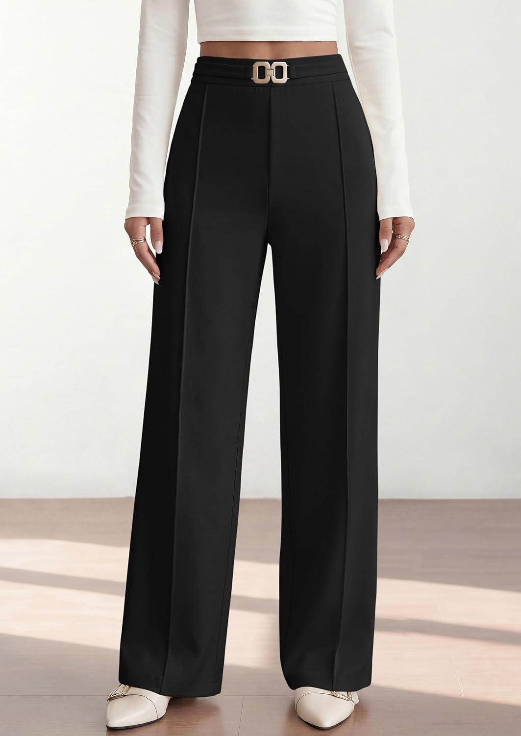 image:imagePRETTYGARDEN Womens High Waisted Dressy Casual Pants Decoration BuckleFront Seam Trousers with PocketsBusiness Casual OutfitsWork Office SlacksDaily Palazzo Pants All SeasonBlack