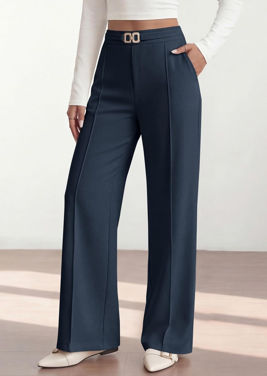 image:imagePRETTYGARDEN Womens High Waisted Dressy Casual Pants Decoration BuckleFront Seam Trousers with PocketsBusiness Casual OutfitsWork Office SlacksDaily Palazzo Pants All SeasonNavy Blue