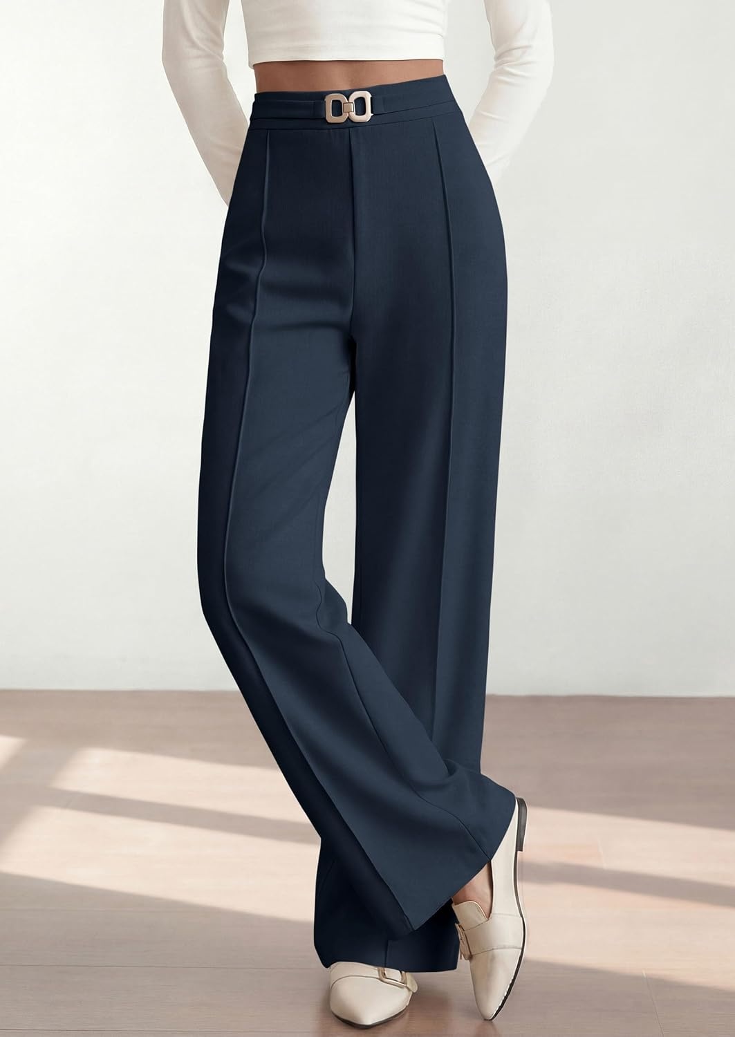 image:imagePRETTYGARDEN Womens High Waisted Dressy Casual Pants Decoration BuckleFront Seam Trousers with PocketsBusiness Casual OutfitsWork Office SlacksDaily Palazzo Pants All SeasonNavy Blue