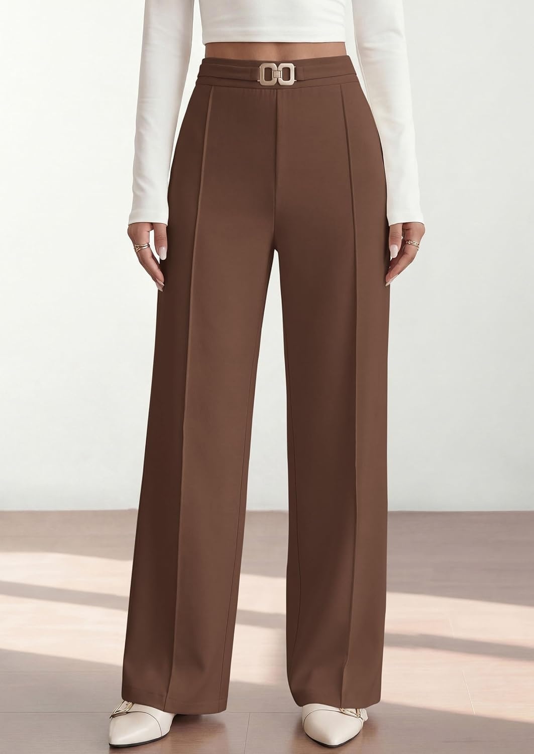 image:imagePRETTYGARDEN Womens High Waisted Dressy Casual Pants Decoration BuckleFront Seam Trousers with PocketsBusiness Casual OutfitsWork Office SlacksDaily Palazzo Pants All SeasonBrown
