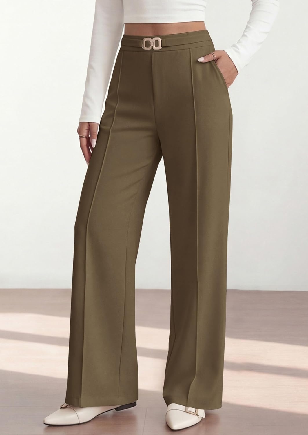 image:imagePRETTYGARDEN Womens High Waisted Dressy Casual Pants Decoration BuckleFront Seam Trousers with PocketsBusiness Casual OutfitsWork Office SlacksDaily Palazzo Pants All SeasonArmy Green