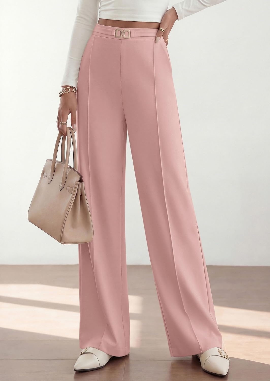 image:imagePRETTYGARDEN Womens High Waisted Dressy Casual Pants Decoration BuckleFront Seam Trousers with PocketsBusiness Casual OutfitsWork Office SlacksDaily Palazzo Pants All SeasonPink