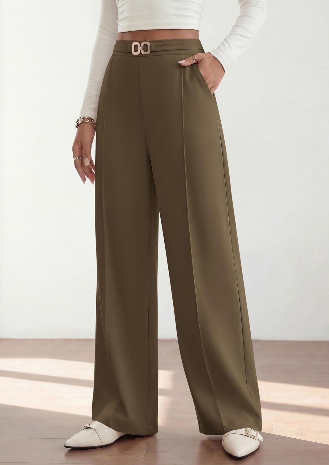 image:imagePRETTYGARDEN Womens High Waisted Dressy Casual Pants Decoration BuckleFront Seam Trousers with PocketsBusiness Casual OutfitsWork Office SlacksDaily Palazzo Pants All SeasonArmy Green