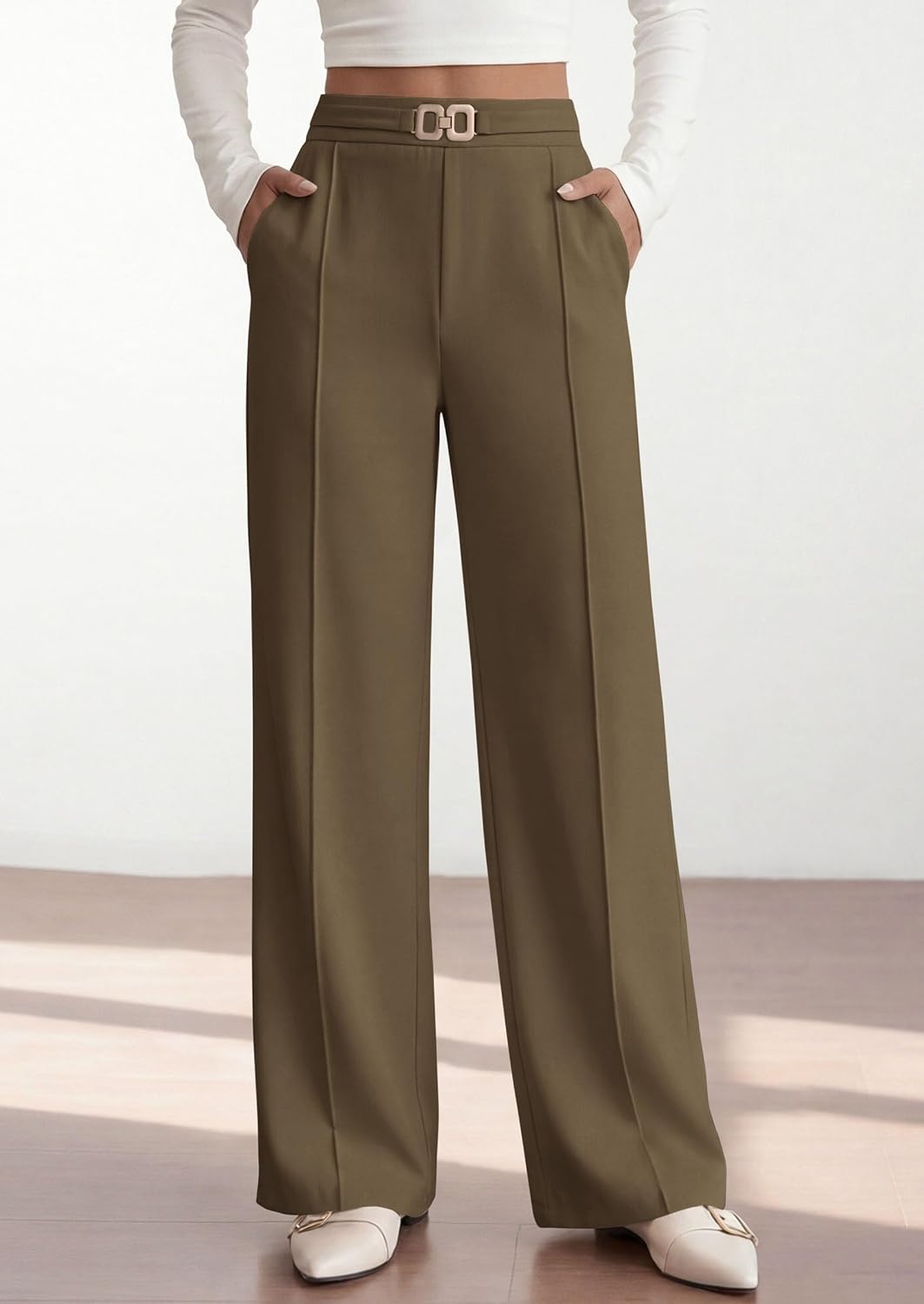 image:imagePRETTYGARDEN Womens High Waisted Dressy Casual Pants Decoration BuckleFront Seam Trousers with PocketsBusiness Casual OutfitsWork Office SlacksDaily Palazzo Pants All SeasonArmy Green