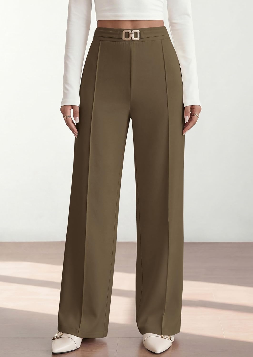 image:imagePRETTYGARDEN Womens High Waisted Dressy Casual Pants Decoration BuckleFront Seam Trousers with PocketsBusiness Casual OutfitsWork Office SlacksDaily Palazzo Pants All SeasonArmy Green