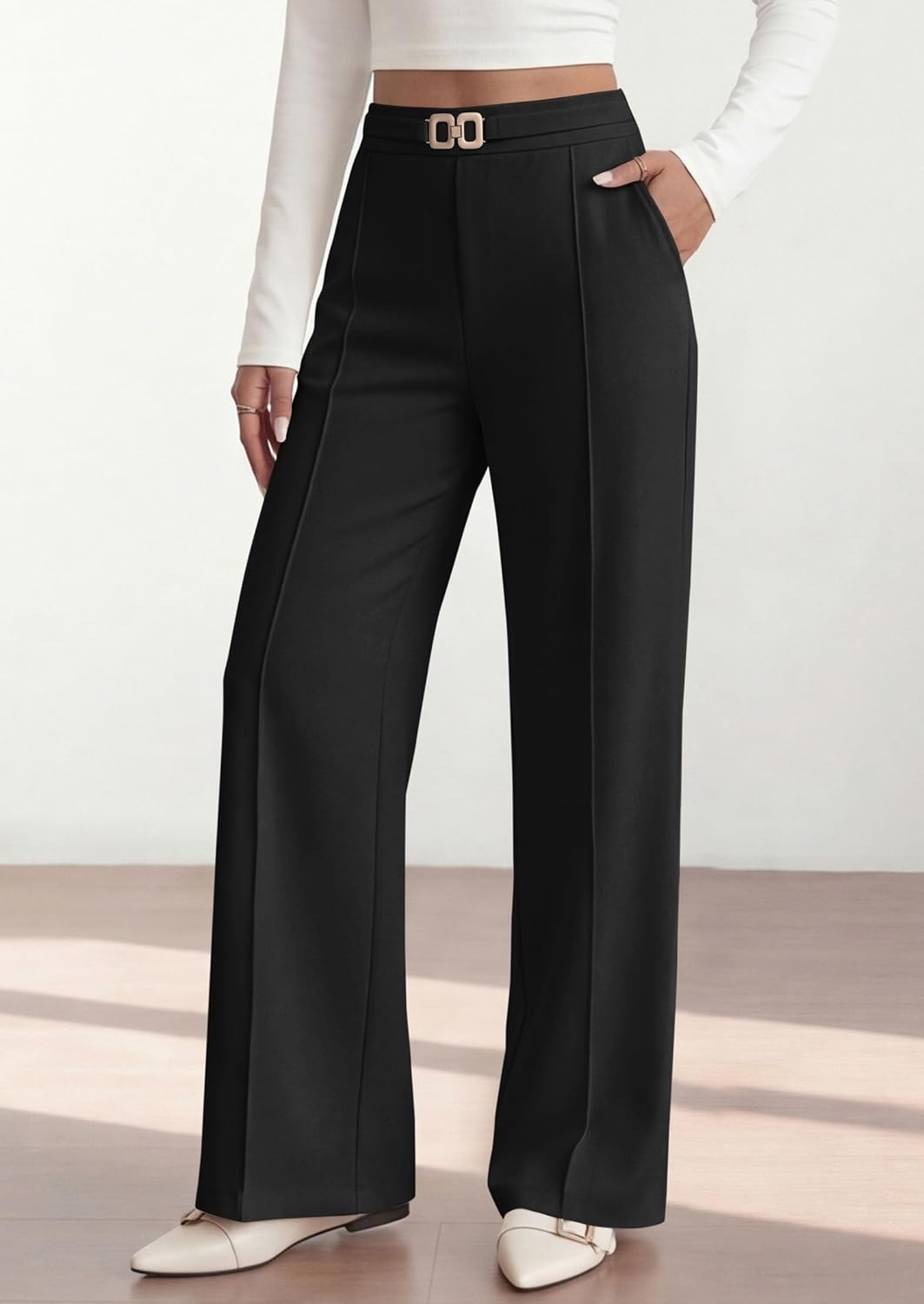 image:imagePRETTYGARDEN Womens High Waisted Dressy Casual Pants Decoration BuckleFront Seam Trousers with PocketsBusiness Casual OutfitsWork Office SlacksDaily Palazzo Pants All SeasonBlack