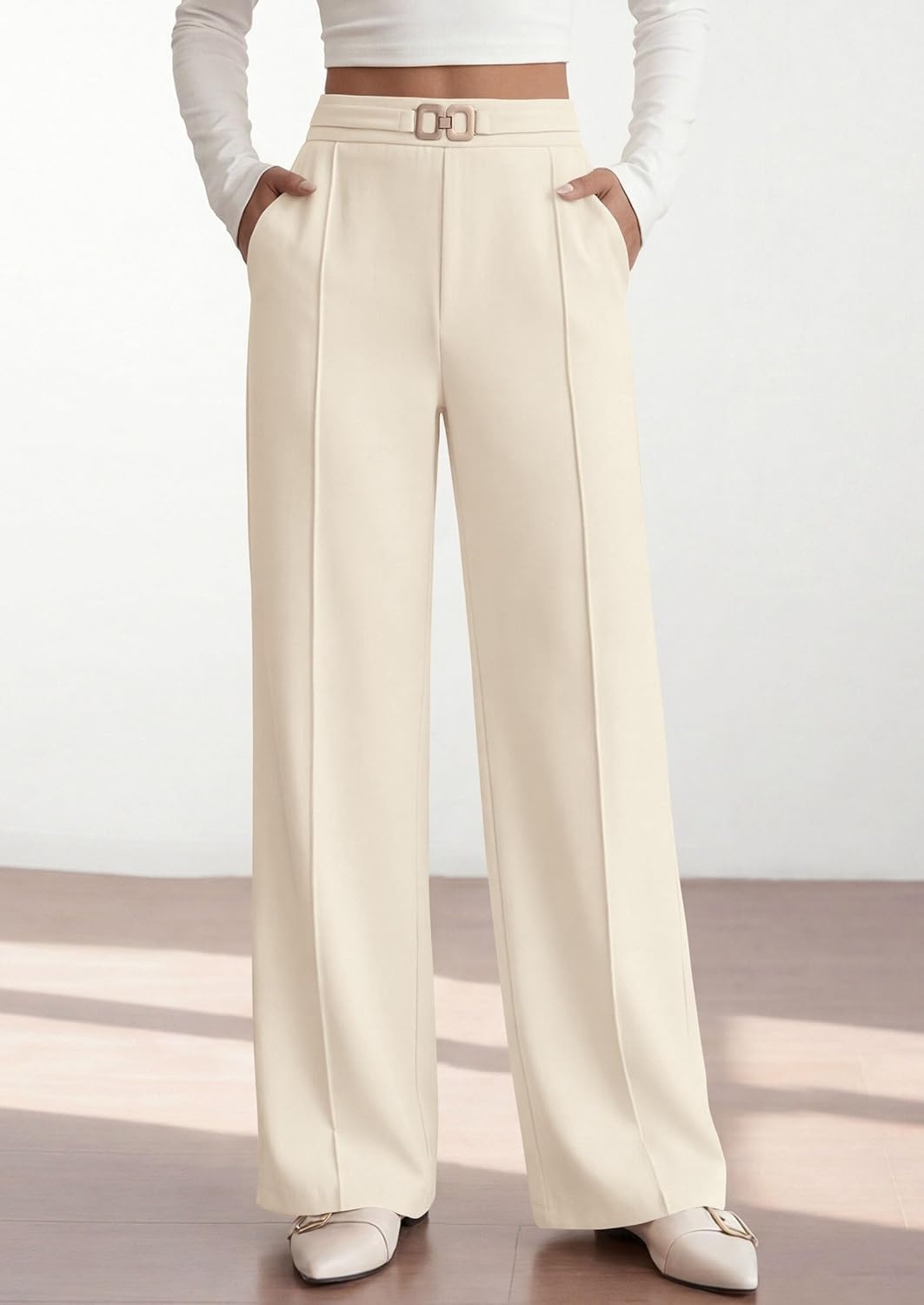 image:imagePRETTYGARDEN Womens High Waisted Dressy Casual Pants Decoration BuckleFront Seam Trousers with PocketsBusiness Casual OutfitsWork Office SlacksDaily Palazzo Pants All SeasonBeige