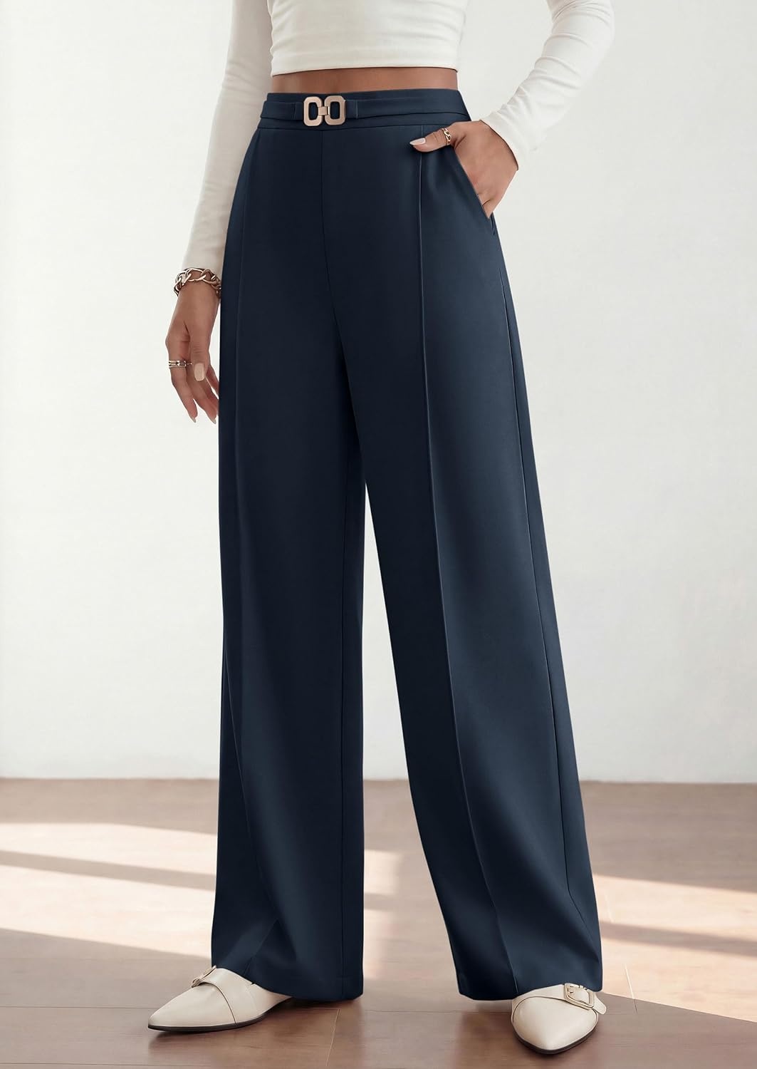 image:imagePRETTYGARDEN Womens High Waisted Dressy Casual Pants Decoration BuckleFront Seam Trousers with PocketsBusiness Casual OutfitsWork Office SlacksDaily Palazzo Pants All SeasonNavy Blue
